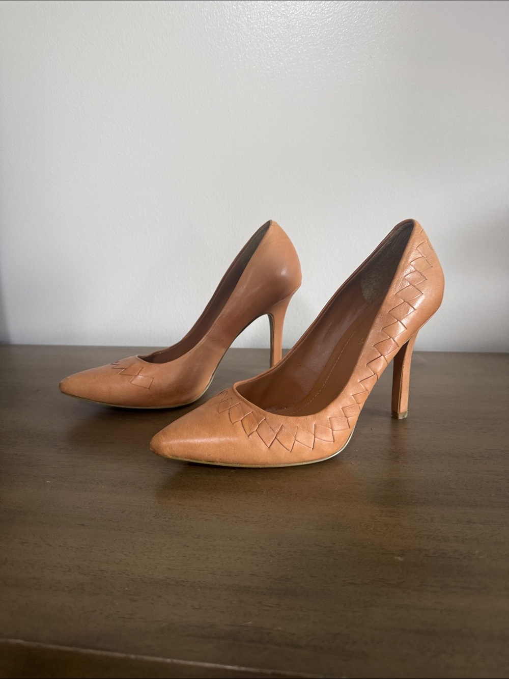 BCBGeneration Tan Leather Pointed-Toe High Heels with Woven Detail